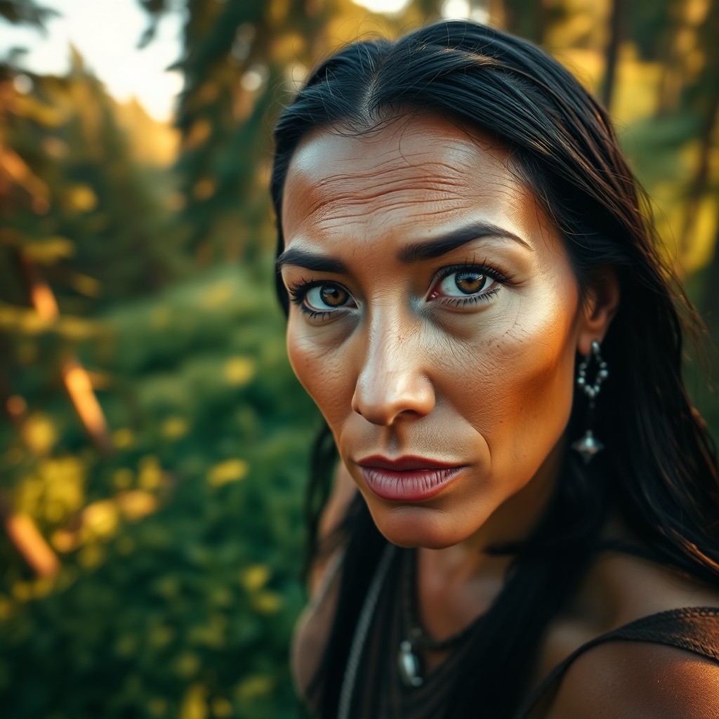 AI generated art for prompt: A photorealistic portrait photograph captures a Native American woman's enigmatic expression, her st