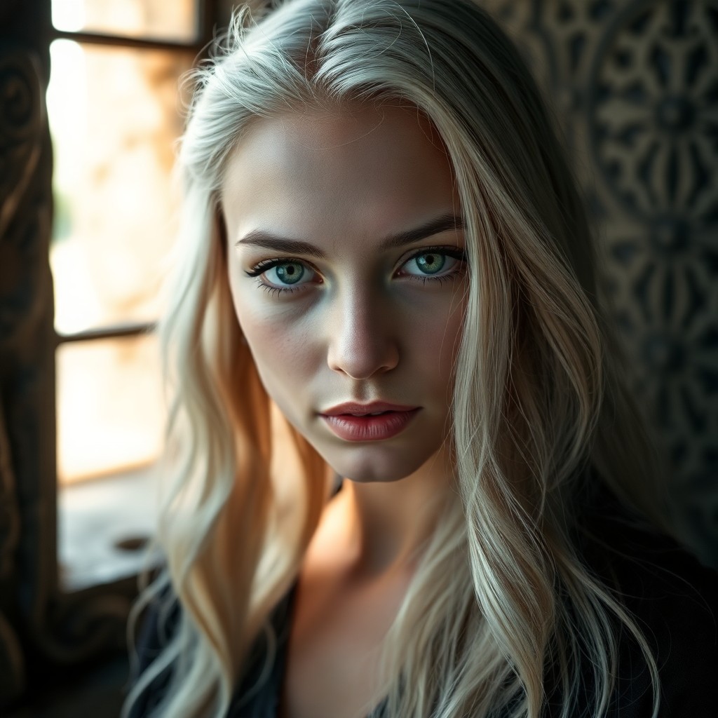 AI generated art for prompt: Imagine a portrait photograph of an enigmatic Nordic woman. She has striking green eyes and long, pl