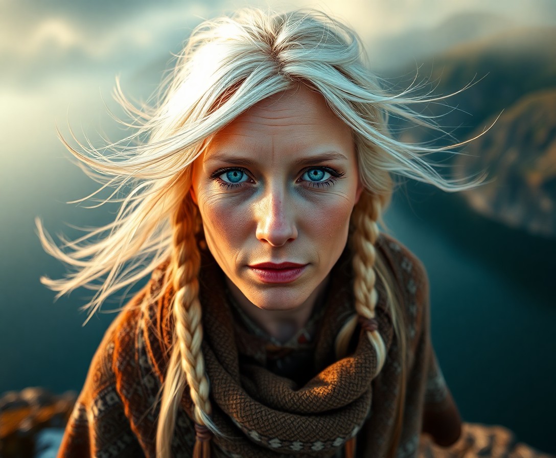 AI generated art for prompt: Create a photorealistic portrait of a charismatic Native American woman with striking ice-blue eyes 