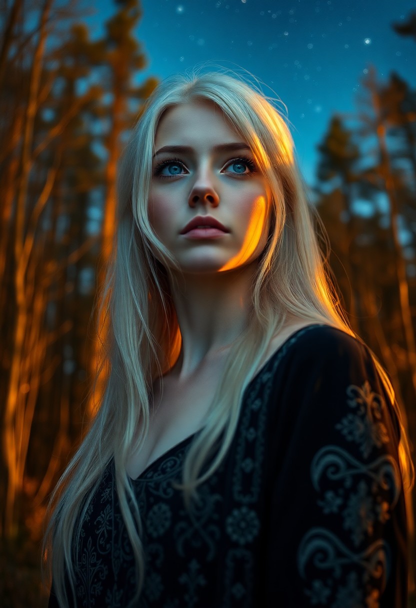 AI generated art for prompt: A portrait photograph captures the serene yet enigmatic expression of a Nordic woman with piercing b