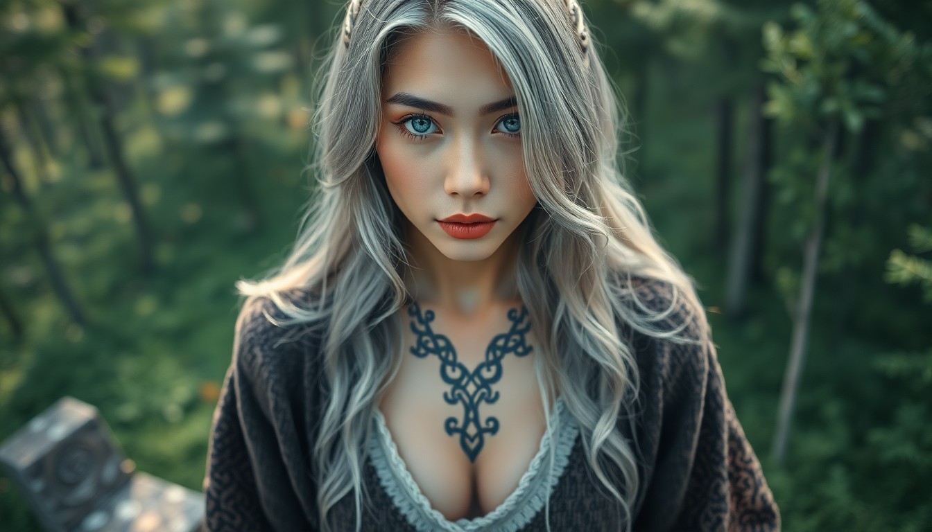 AI generated art for prompt: Imagine a hyperrealistic portrait of an East Asian woman with striking blue eyes. Her long, wavy sil