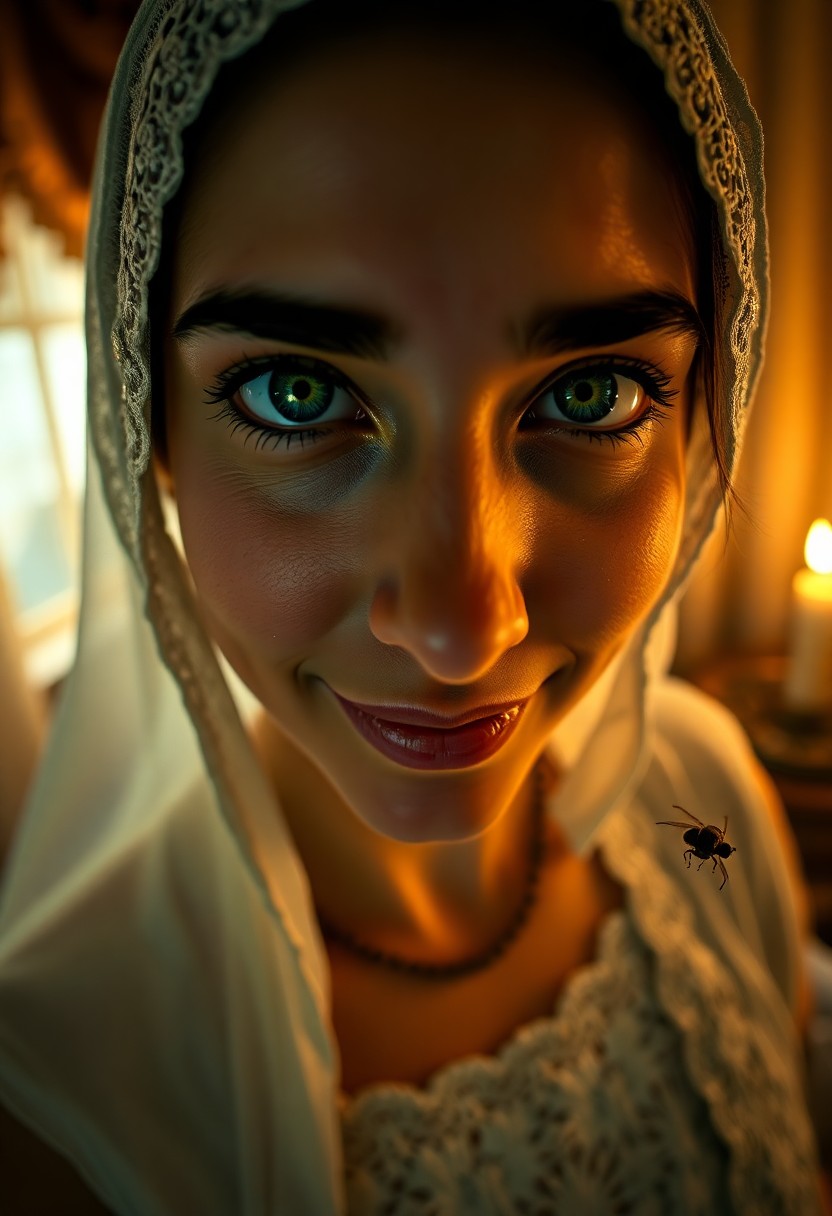 AI generated art for prompt: A portrait photograph captures the enigmatic gaze of a Middle Eastern woman with striking emerald ey