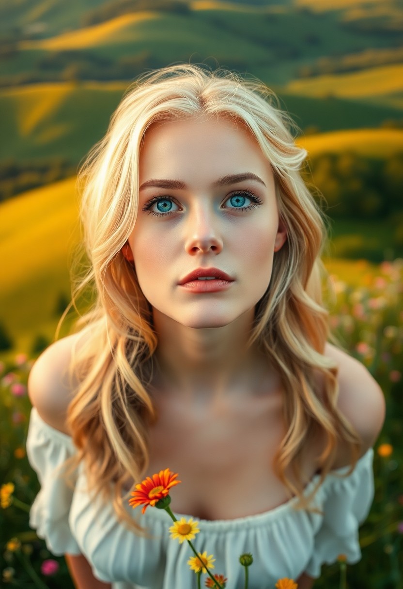 AI generated art for prompt: Create an ultra-realistic portrait of a young Slavic woman with piercing blue eyes and wavy platinum