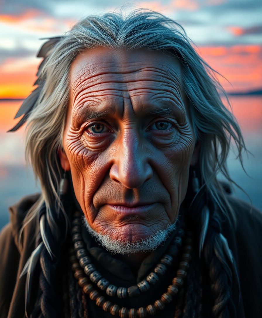 AI generated art for prompt: Visualize a photorealistic portrait of a Native American elder, captured with a mirrorless camera. T