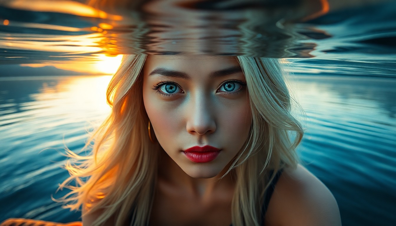 AI generated art for prompt: A portrait photograph captures an East Asian woman with striking blue eyes and cascading platinum ha