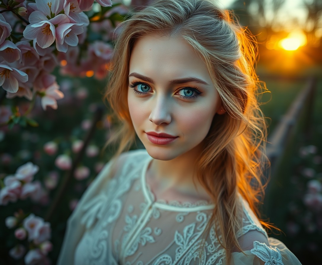 AI generated art for prompt: Create a portrait photograph of a Slavic woman with an enigmatic gaze, ice-blue eyes, and sun-kissed