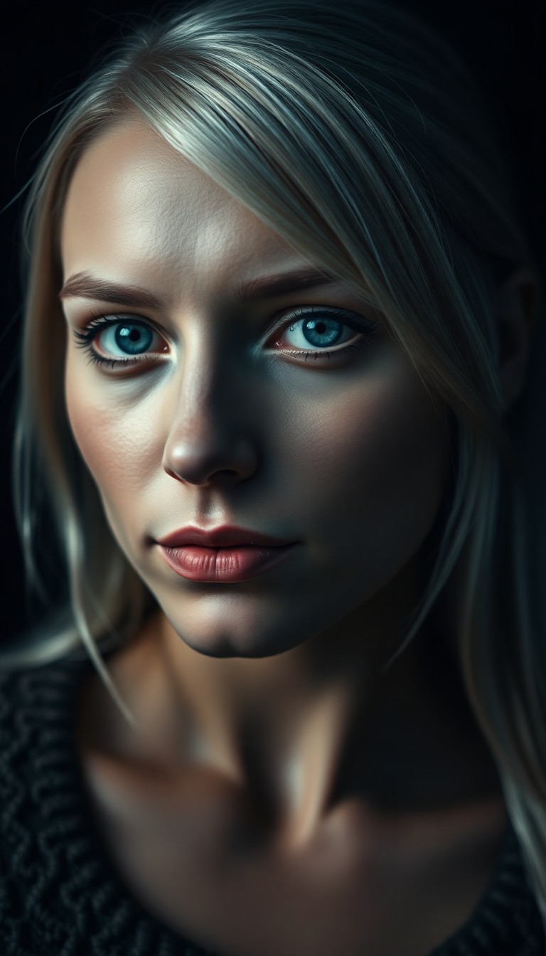 AI generated art for prompt: In this captivating portrait photograph, capture the enigmatic gaze of a Nordic woman with deep blue