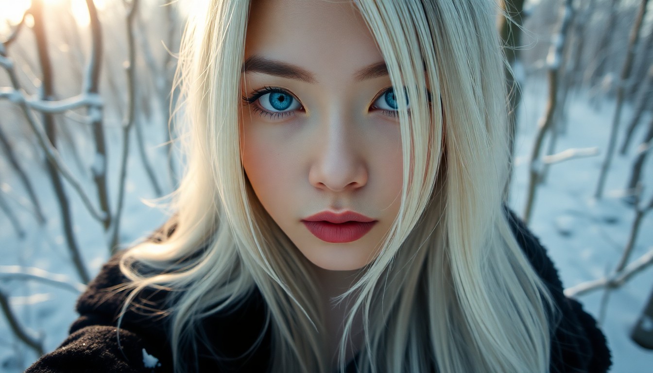 AI generated art for prompt: A portrait photograph captures an East Asian woman with captivating ice-blue eyes and long, flowing 