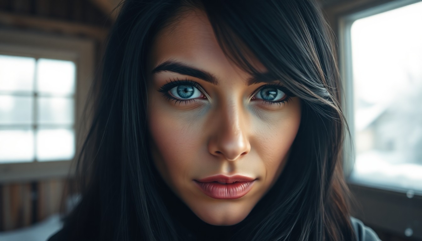 AI generated art for prompt: A portrait photograph captures the enigmatic gaze of a Hispanic woman with piercing blue eyes and je