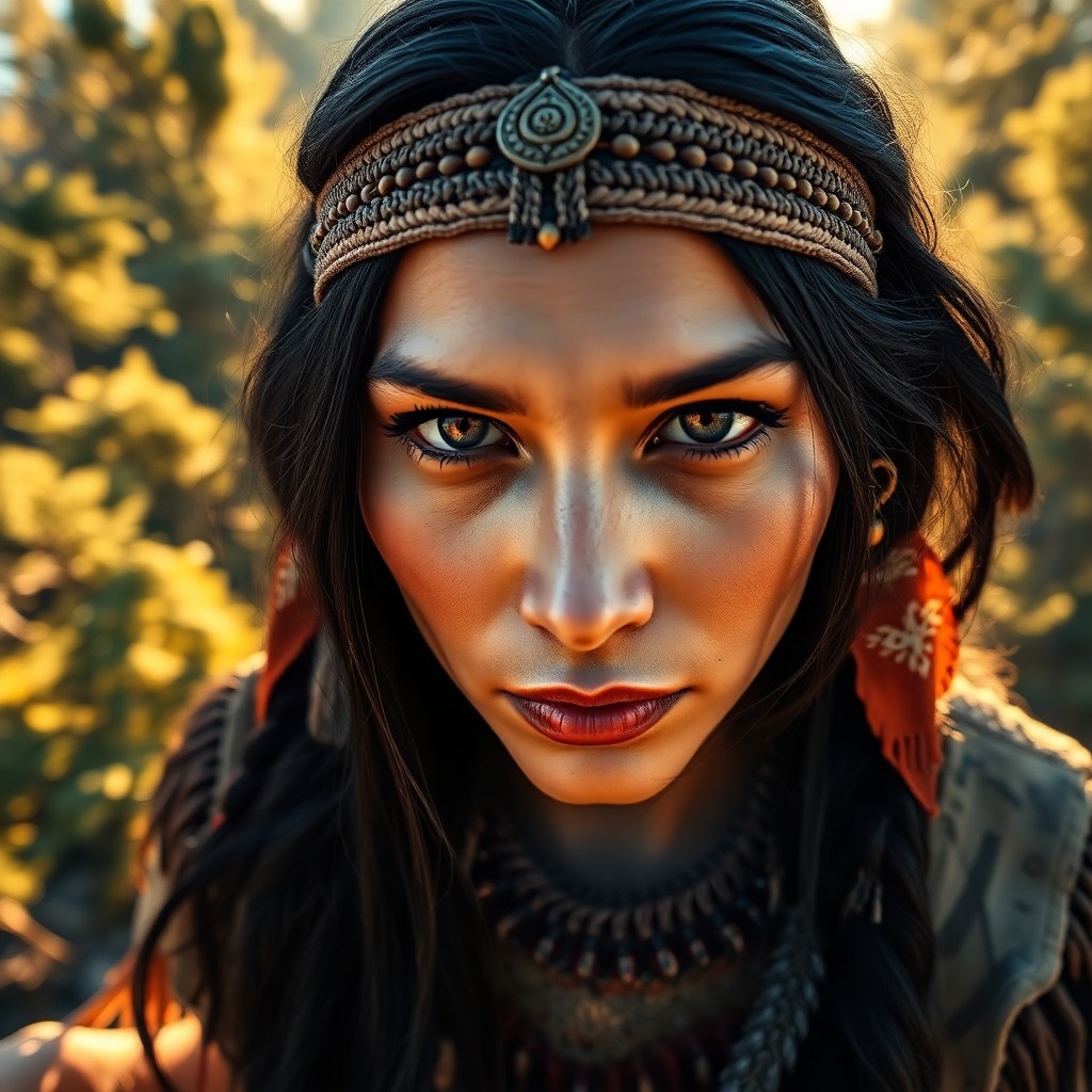 AI generated art for prompt: Immerse yourself in an ultrarealistic portrait of a Native American woman, her enigmatic gaze captiv