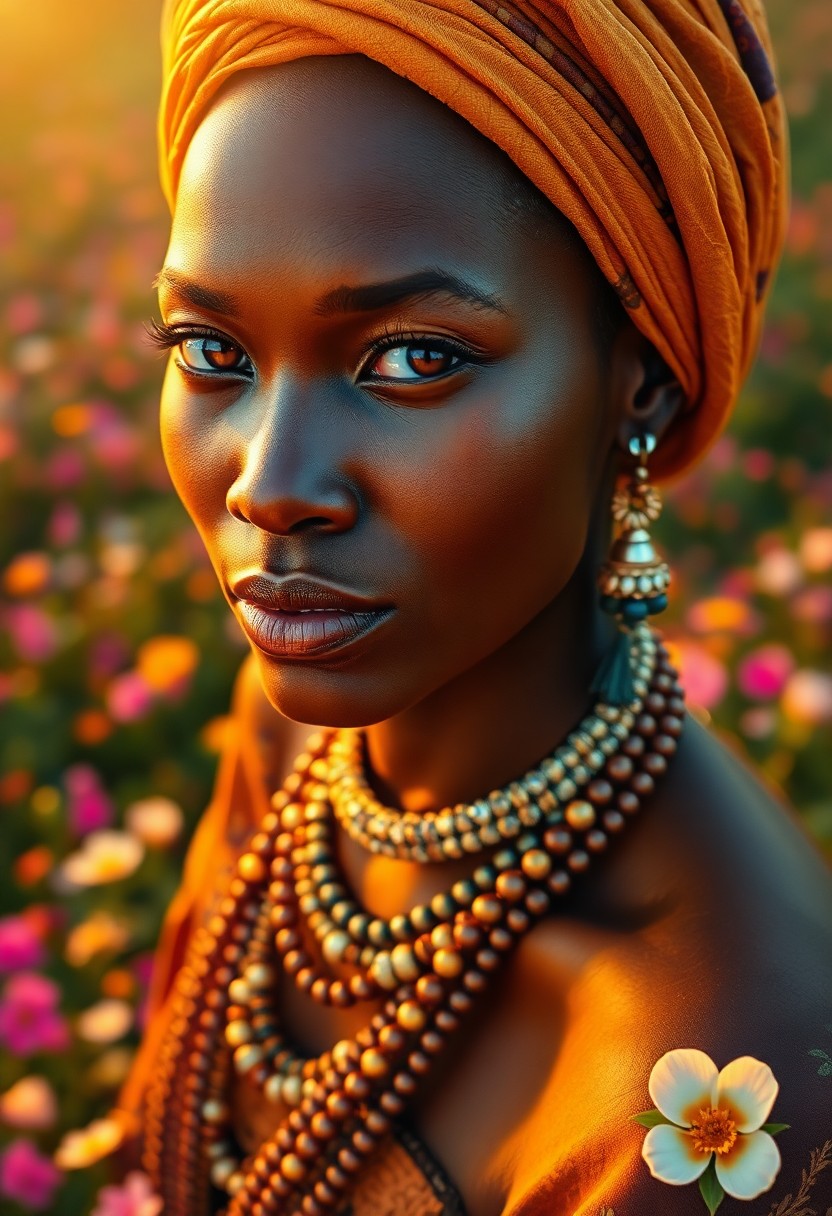 AI generated art for prompt: Imagine a superrealistic portrait of an enchanting African woman with warm, honey-brown eyes and sun