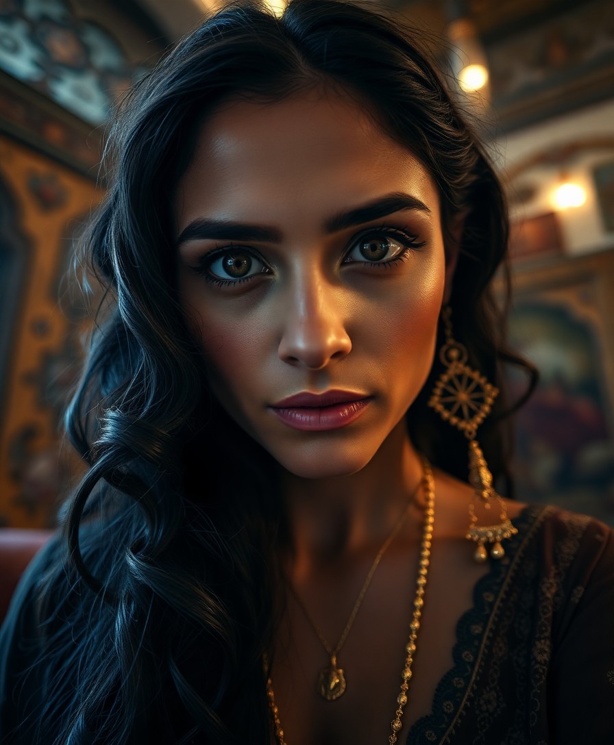 AI generated art for prompt: A portrait photograph captures the enigmatic gaze of a Middle Eastern woman. Her piercing dark eyes 