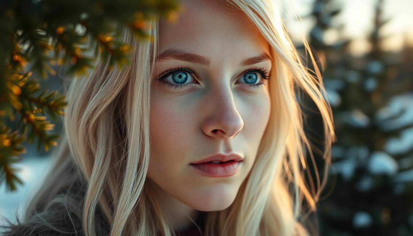 AI generated art for prompt: A portrait photograph captures the essence of a Nordic woman with piercing blue eyes and long, wavy 