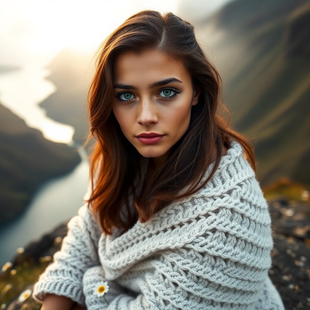 AI generated art for prompt: A portrait photograph captures the enigmatic gaze of a Hispanic woman with piercing emerald eyes. He