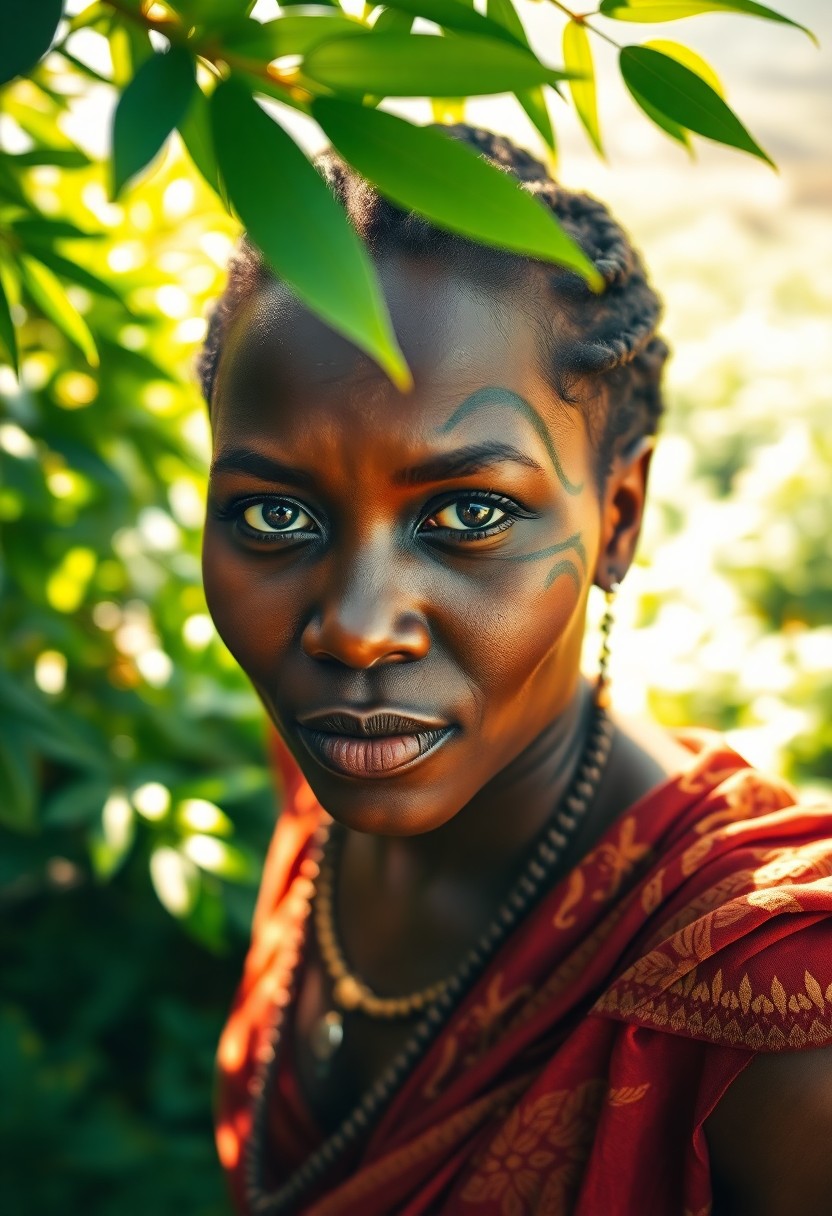 AI generated art for prompt: Imagine a portrait photograph capturing the enigmatic expression of an African woman with almond-sha