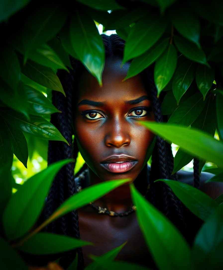 AI generated art for prompt: In this captivating portrait photograph, a woman of African descent with warm, nut-brown skin and br