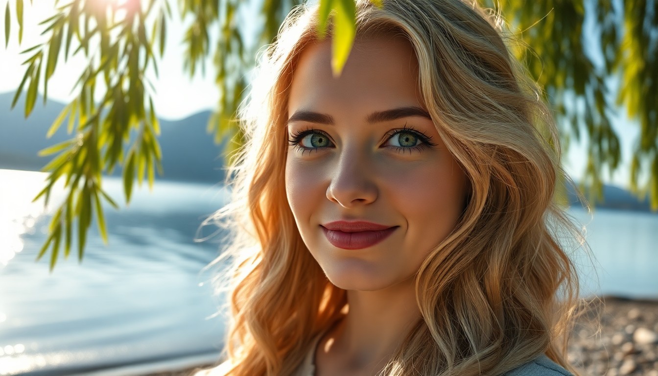 AI generated art for prompt: A portrait of a European woman with captivating green eyes and a tender smile, her wavy blonde hair 