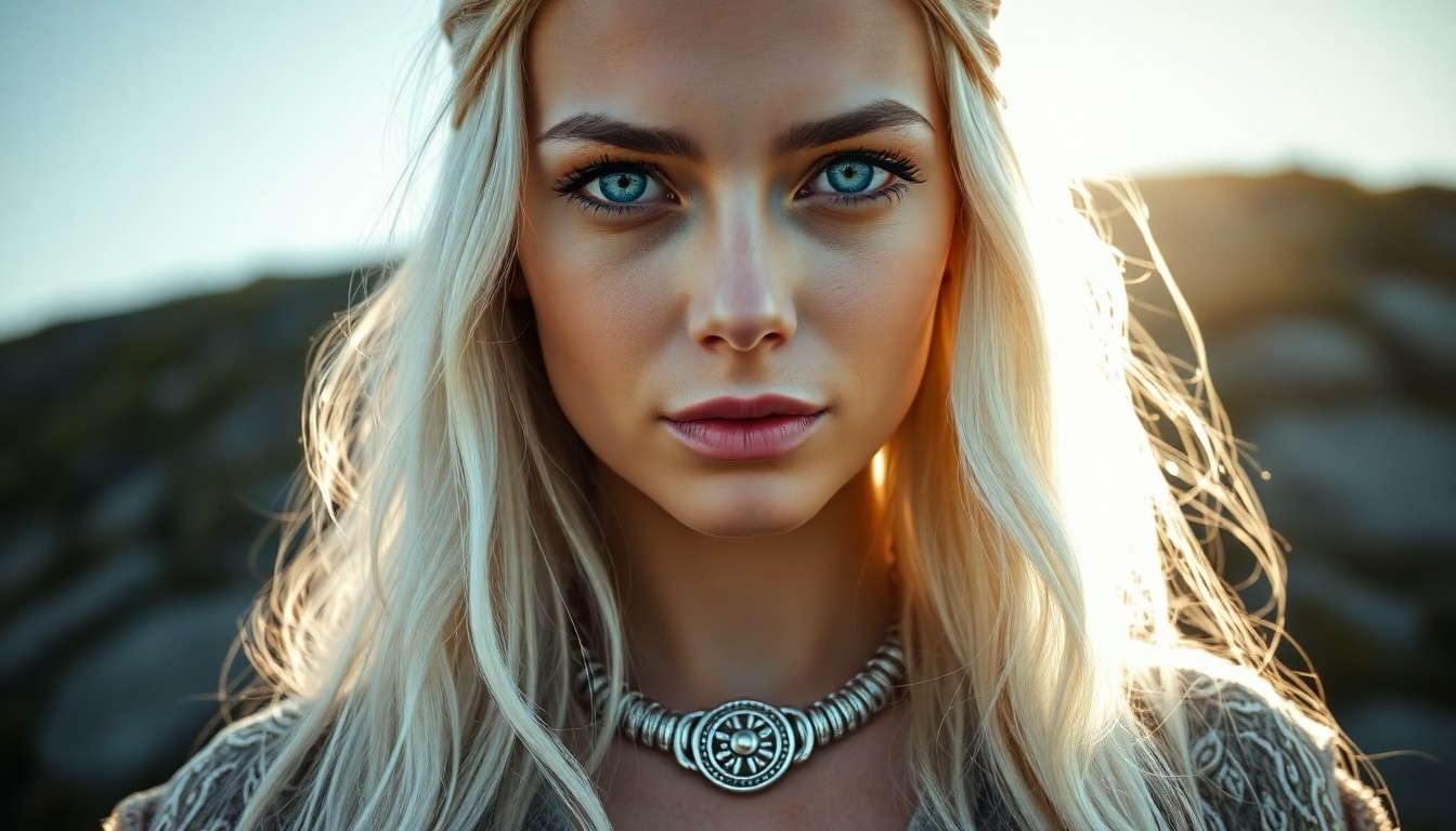 AI generated art for prompt: A portrait of a Slavic woman with long platinum blonde hair and piercing blue eyes, captured from a 