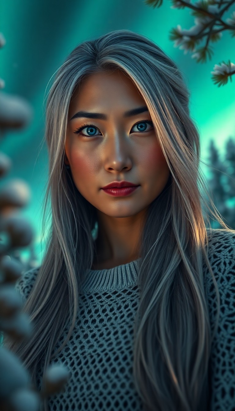 AI generated art for prompt: Create a photorealistic portrait of an East Asian woman with piercing blue eyes and long, flowing si