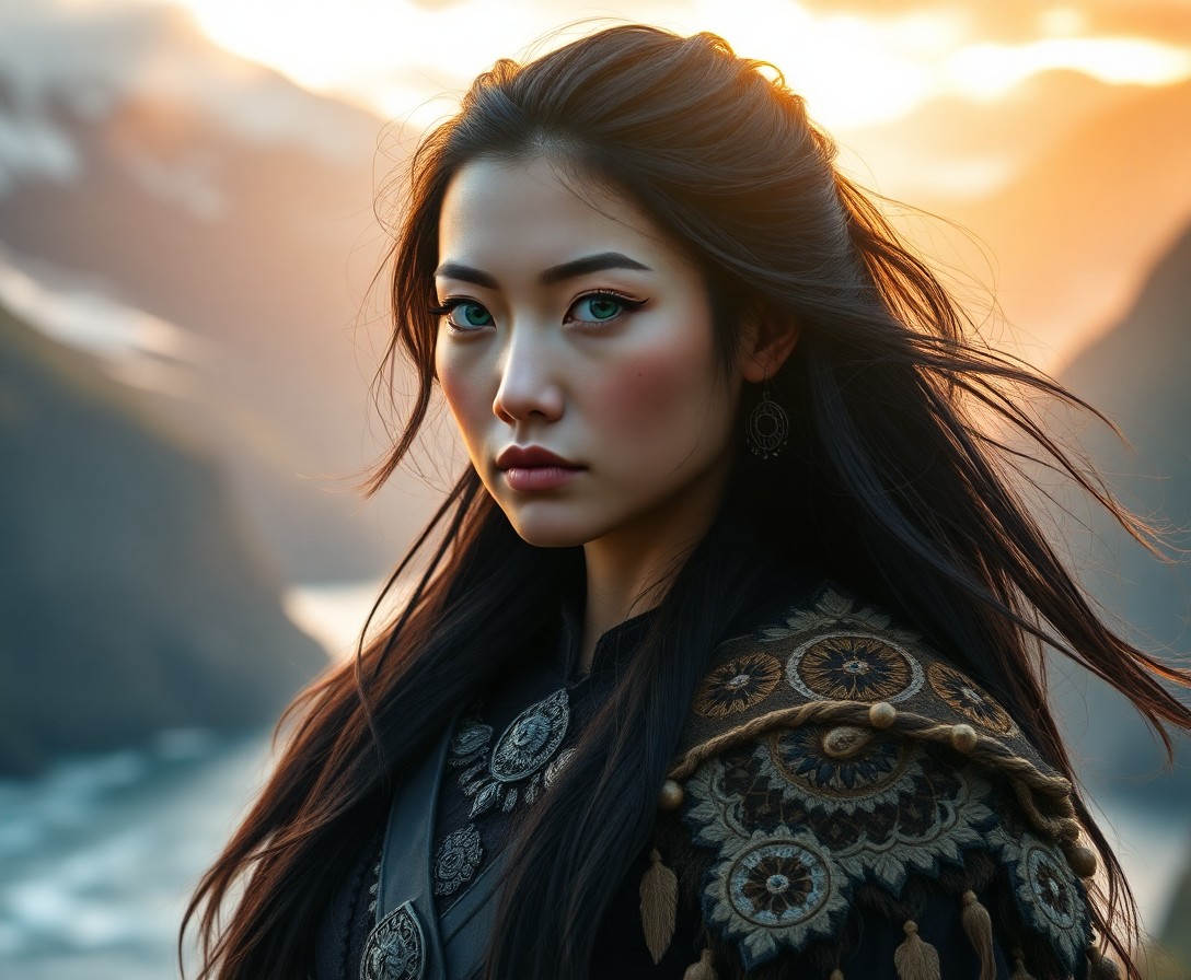 AI generated art for prompt: Create a photorealistic portrait of an enchanting East Asian woman with vivid green eyes and long, f