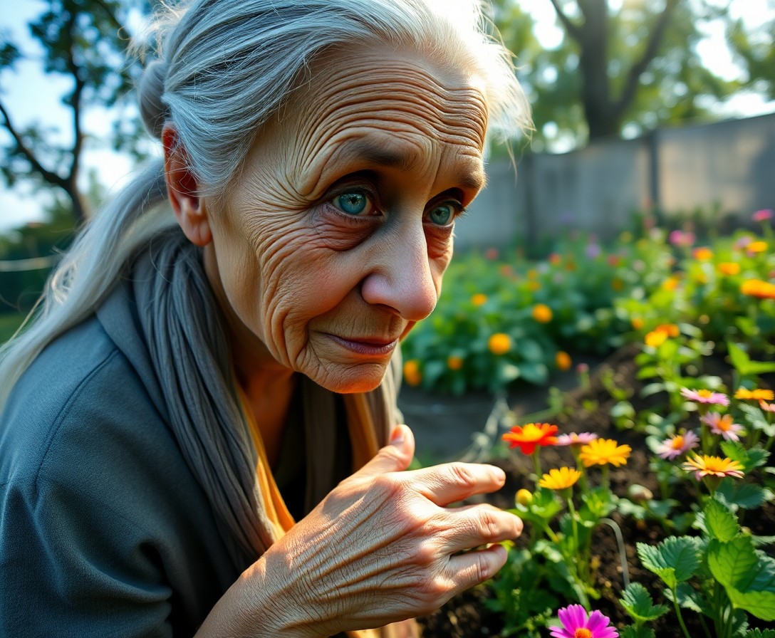 AI generated art for prompt: A portrait photograph captures the serene wisdom of an elderly South Asian woman with striking blue 