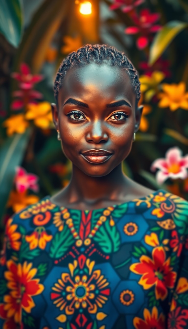 AI generated art for prompt: A portrait photograph, captured with a DSLR, depicts an African woman with warm, golden-brown eyes a