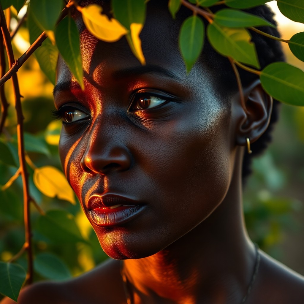 AI generated art for prompt: Imagine a portrait, captured with a mirrorless camera, of an introspective African woman with deep, 