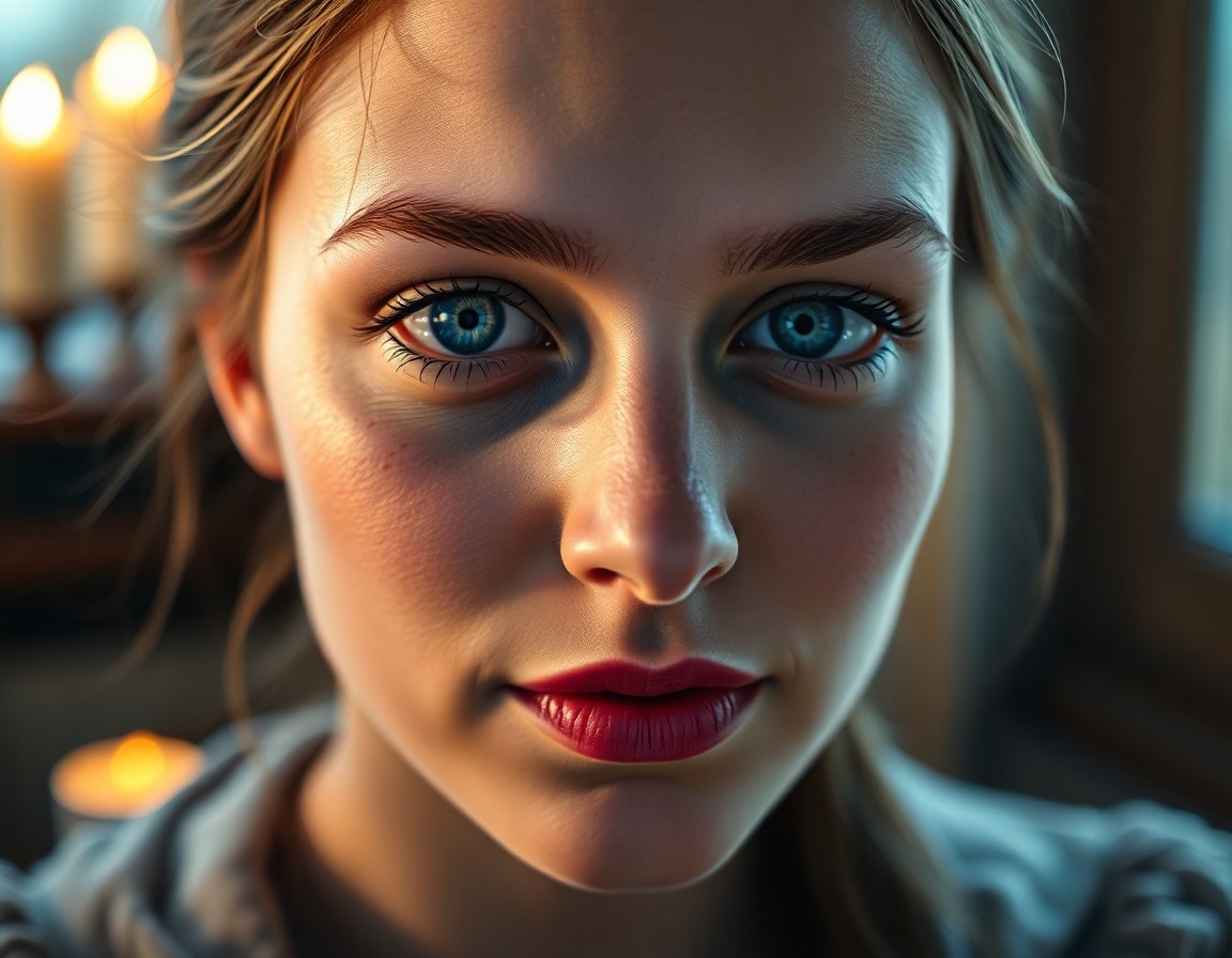 AI generated art for prompt: A photorealistic portrait captures the soulful gaze of a European woman with piercing blue eyes. Her