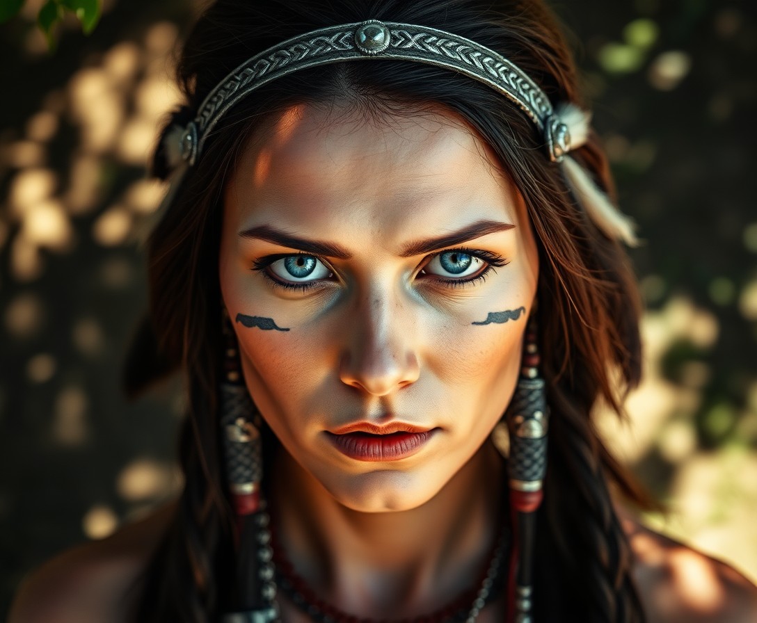 AI generated art for prompt: Capture a portrait of a Native American female warrior, her face a testament to a life of battles an