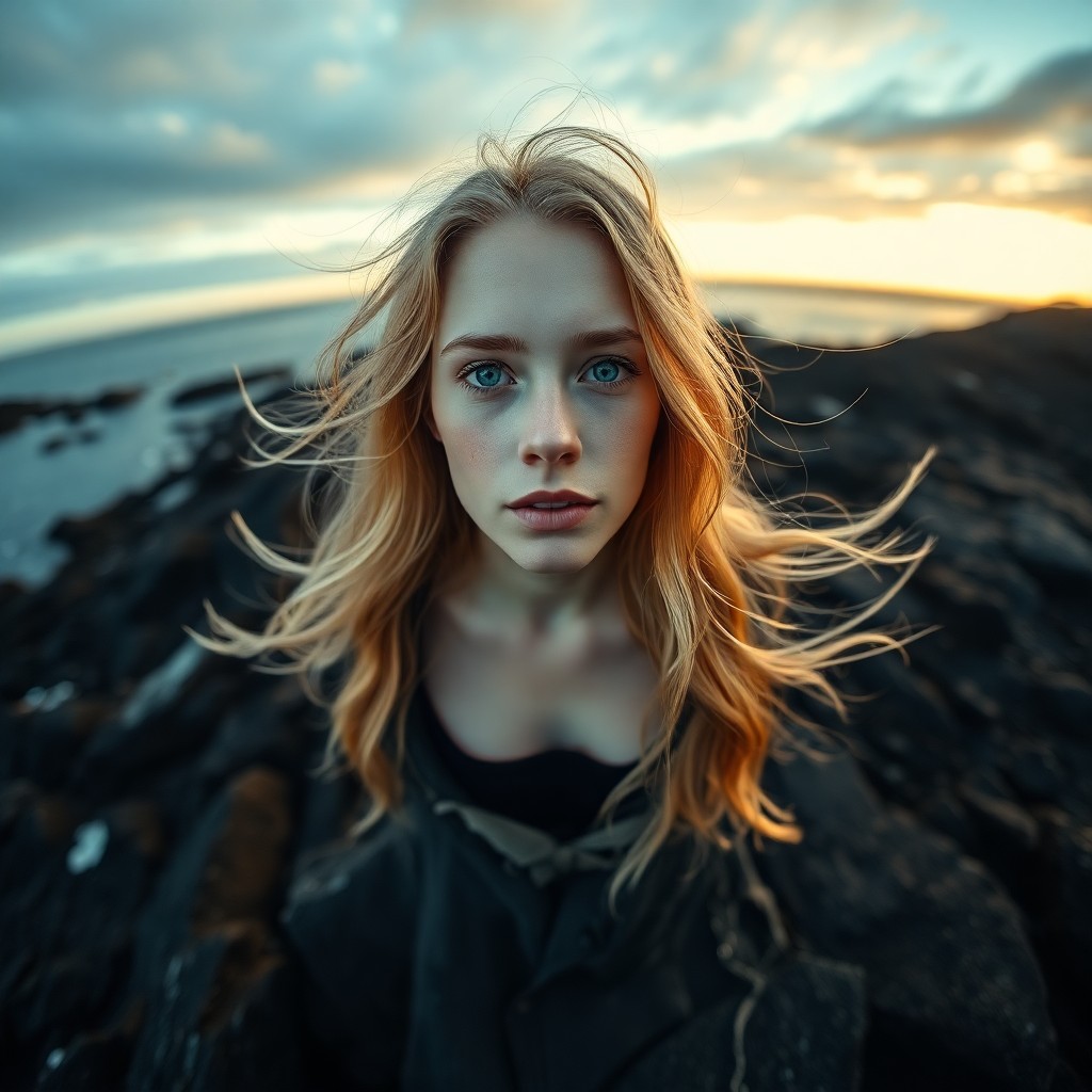 AI generated art for prompt: A portrait photograph captures an enigmatic Nordic woman with piercing blue eyes, her pale skin cont