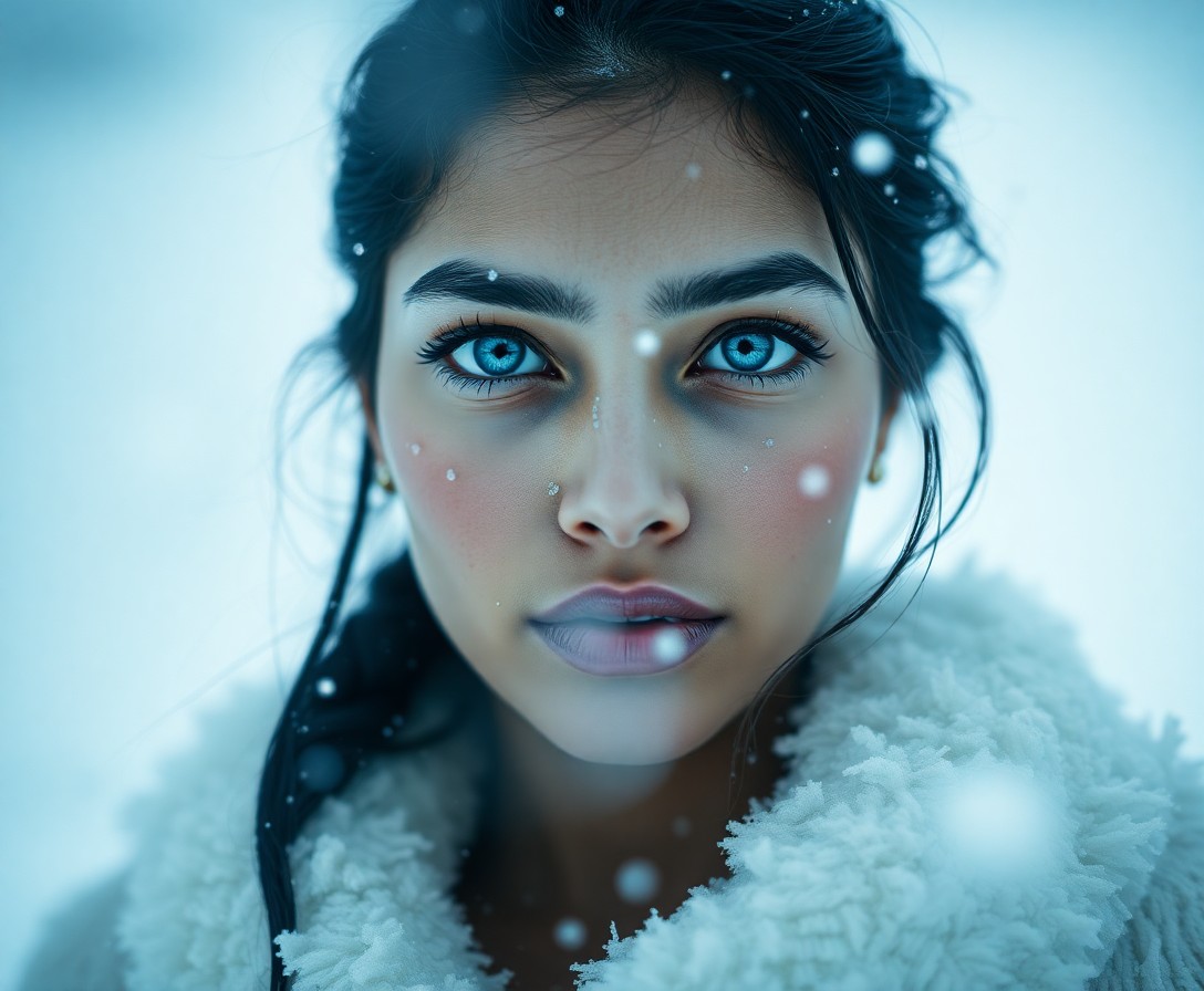 AI generated art for prompt: A portrait photograph captures the enigmatic allure of a South Asian woman with piercing blue eyes a