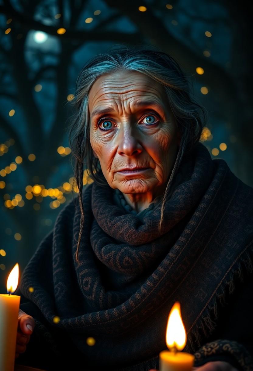 AI generated art for prompt: A portrait photograph captures the enigmatic essence of an elderly Native American witch, bathed in 