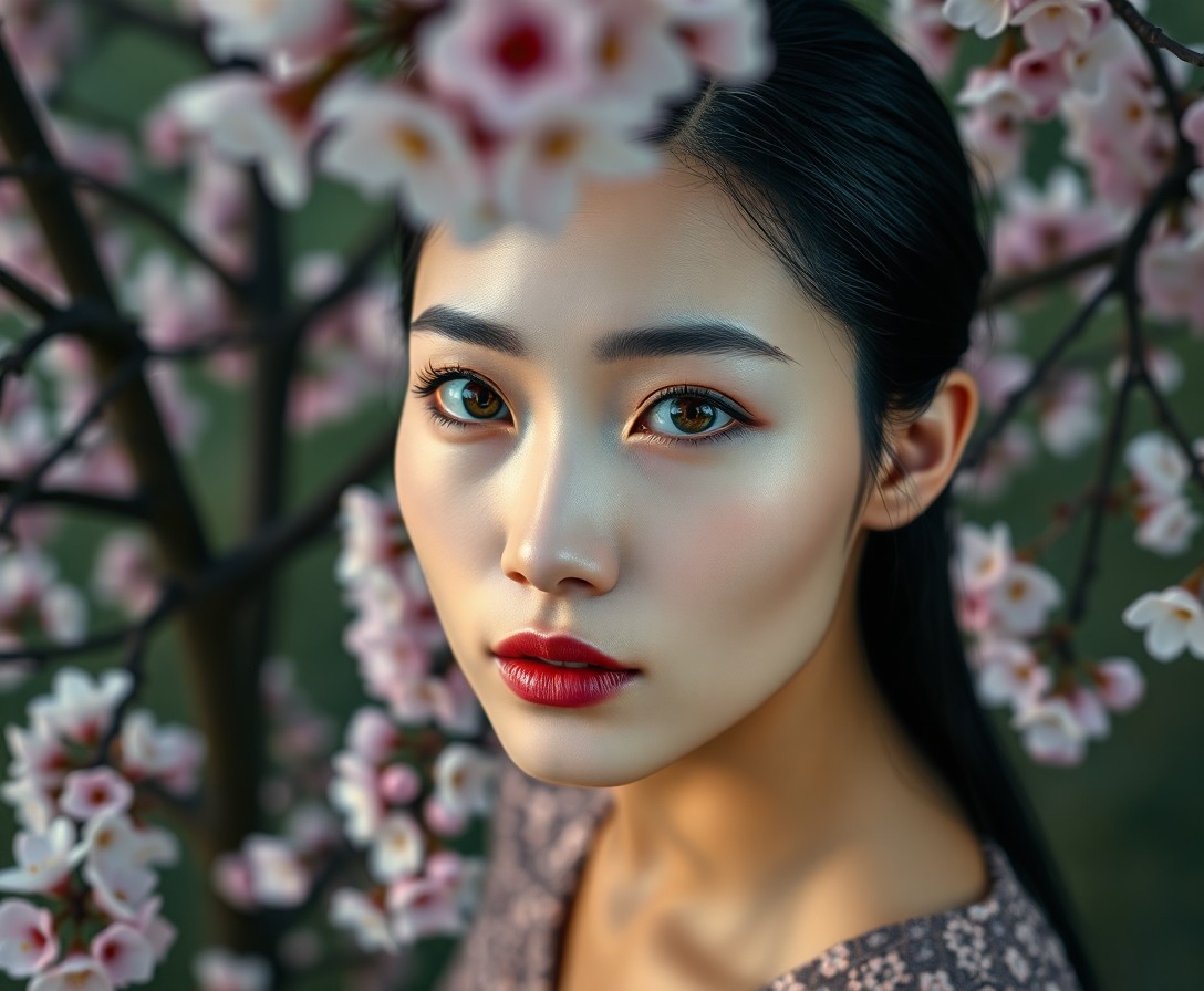 AI generated art for prompt: This hyperrealistic portrait captures an enigmatic East Asian woman with porcelain skin and piercing