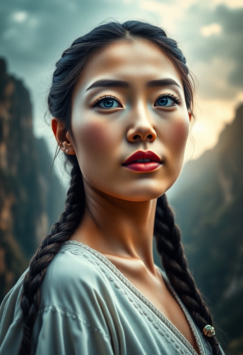 AI generated art for prompt: Visualize a portrait photograph capturing the spirit of an East Asian woman with porcelain skin and 