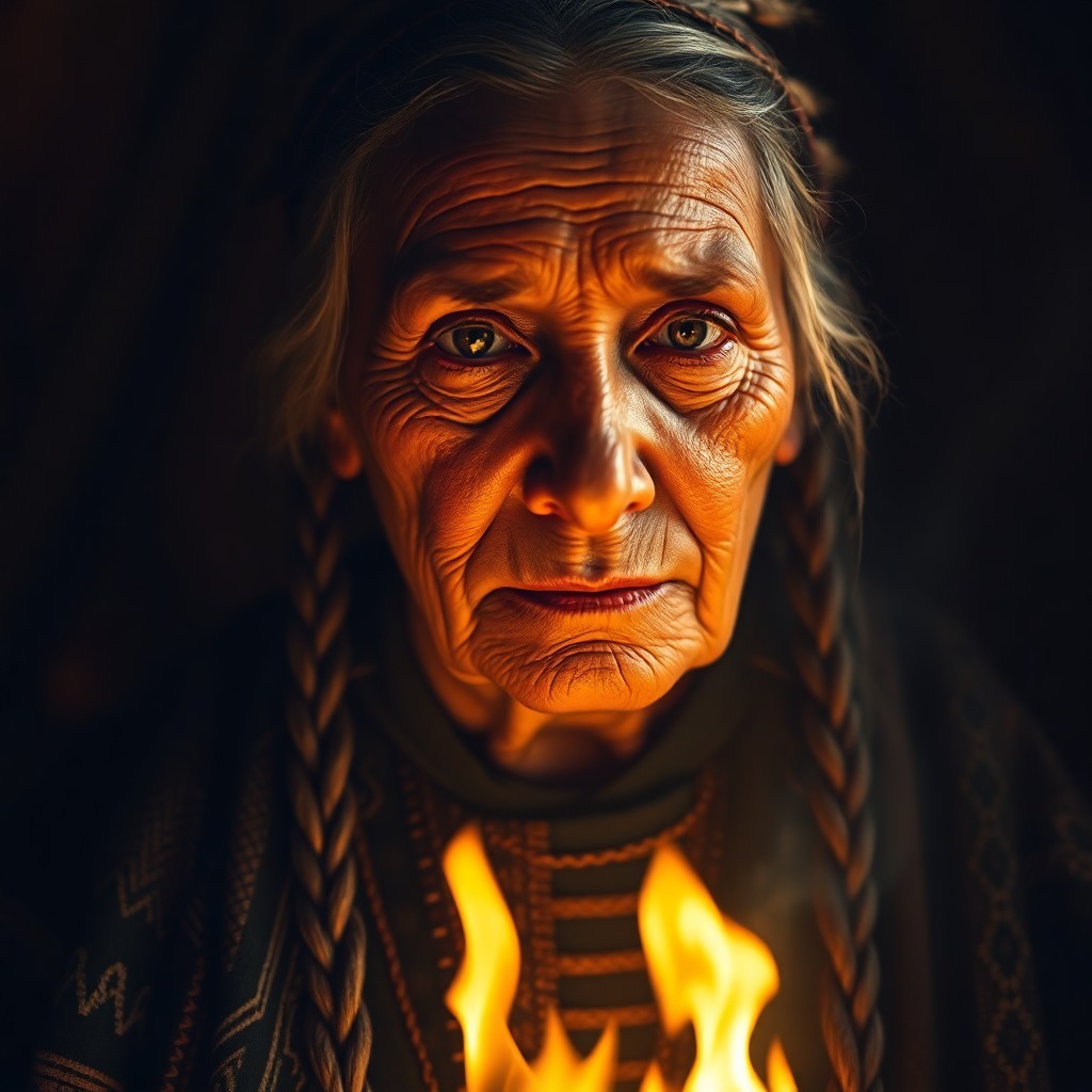 AI generated art for prompt: Capture a hyperrealistic portrait of a weathered Native American elder. View her from an angle that 