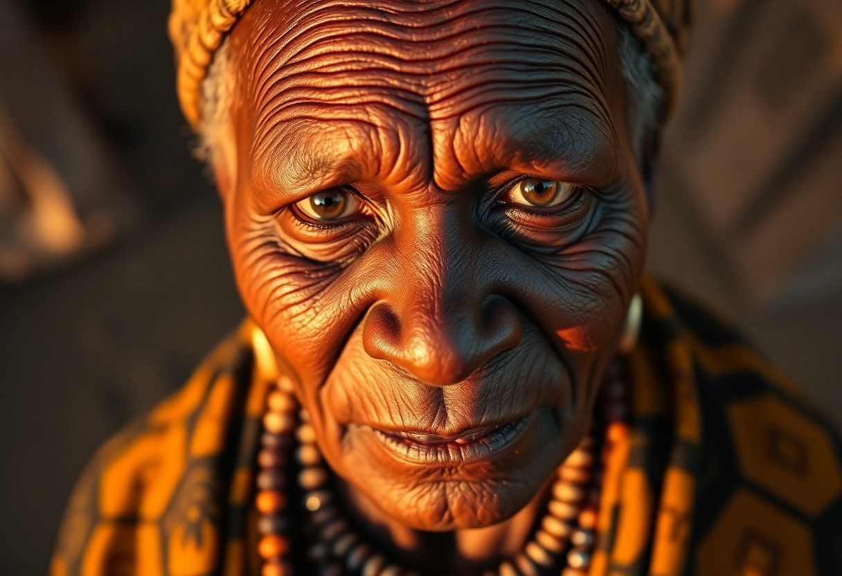 AI generated art for prompt: Visualize a photorealistic portrait of a wise African elder, captured by DSLR, that emphasizes the d