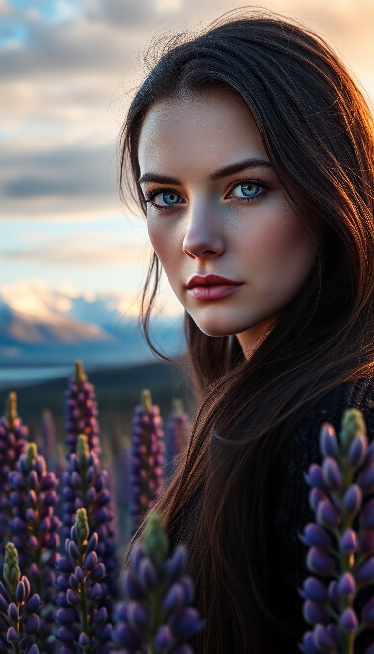 AI generated art for prompt: A photorealistic portrait of a Nordic woman with porcelain skin, piercing ice-blue eyes, and raven h