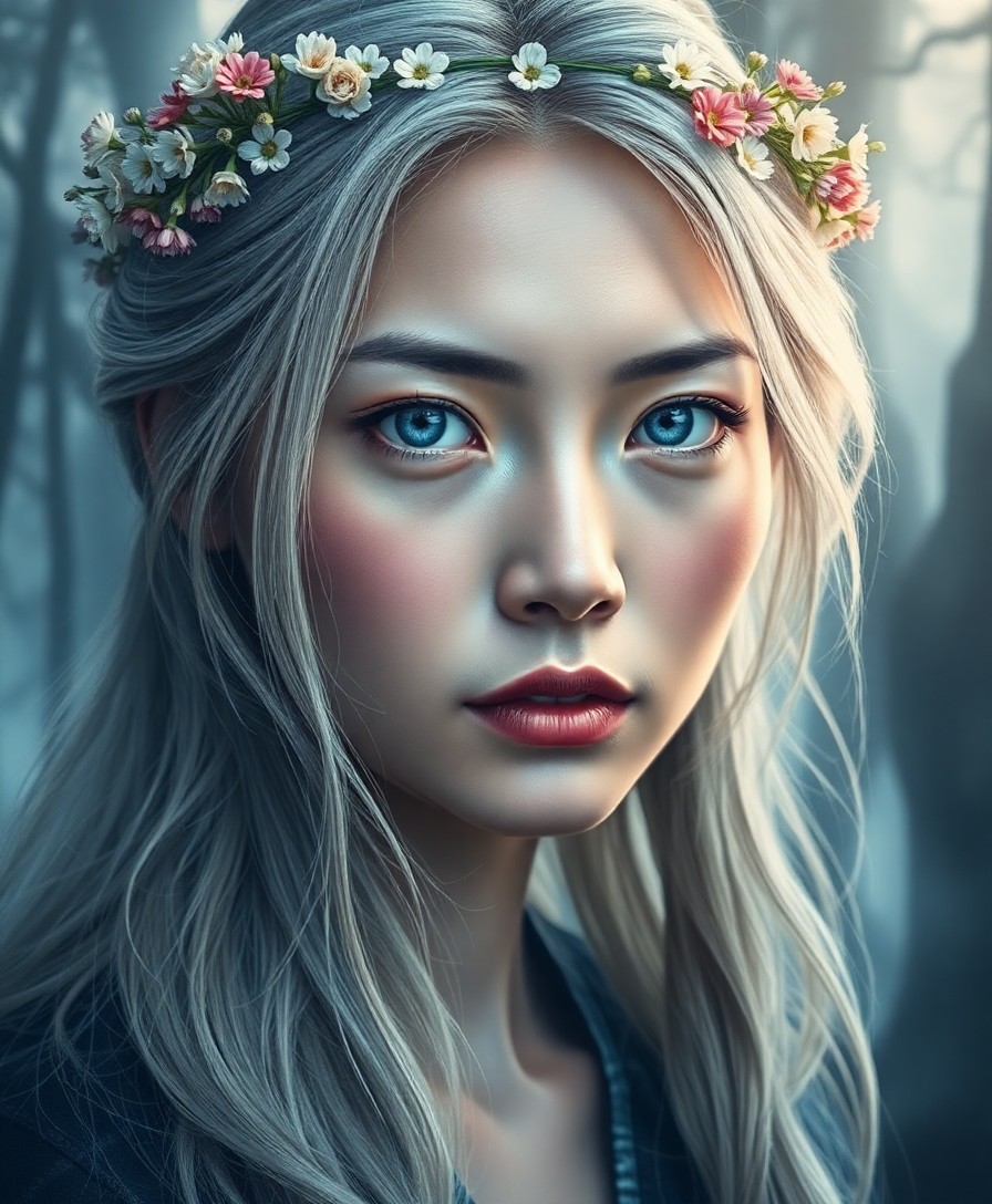 AI generated art for prompt: A portrait, captured digitally, of an East Asian woman with piercing blue eyes and silver-streaked b