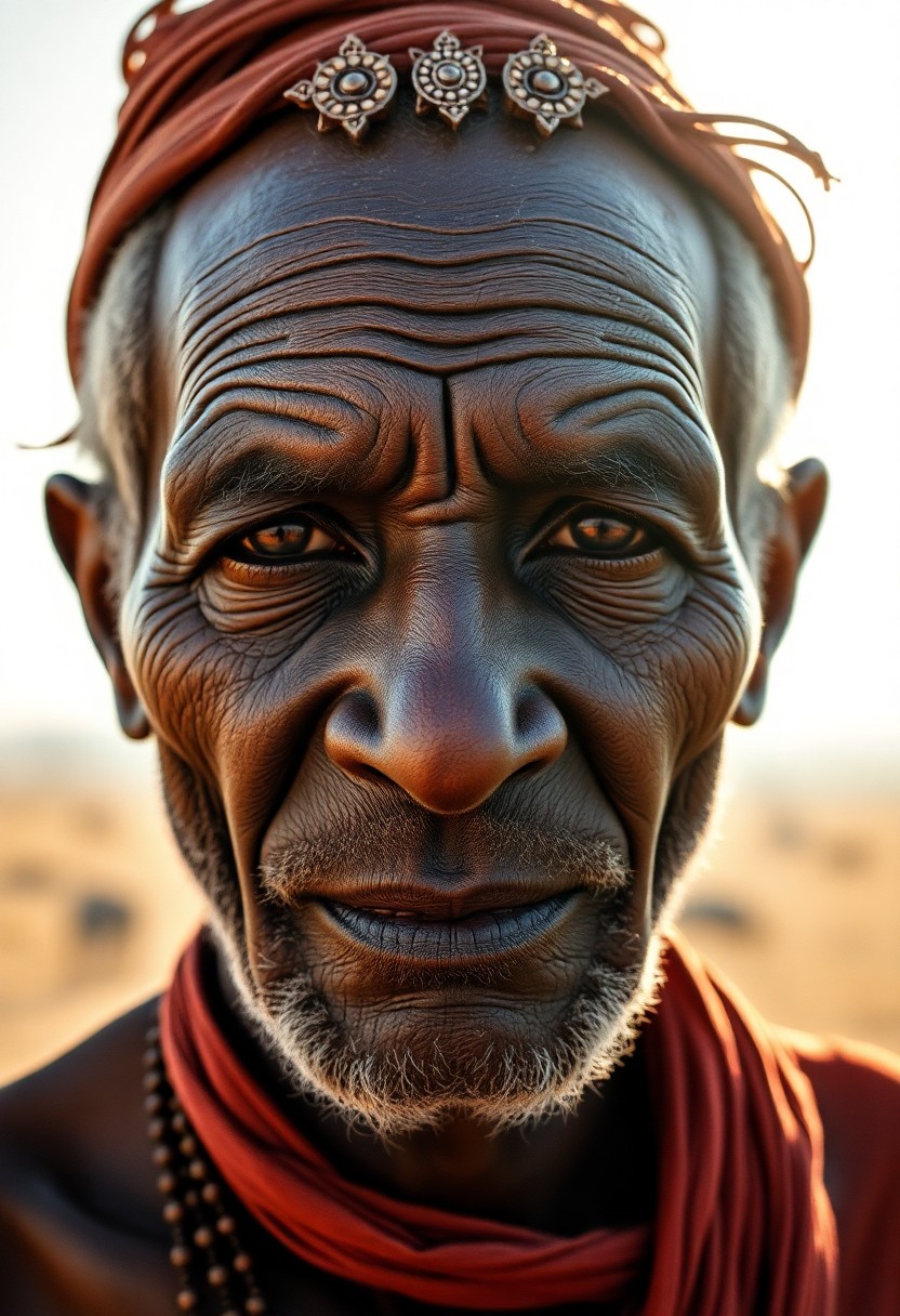 AI generated art for prompt: Create a portrait photograph of an African elder, his face etched with deep crevices, captured with 