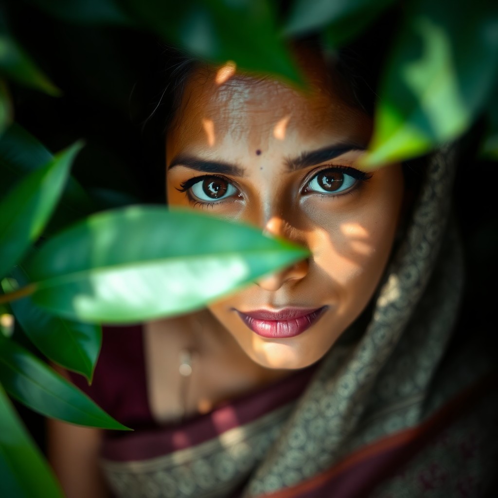 AI generated art for prompt: A portrait photograph captures the serene beauty of a South Asian woman with warm, brown eyes and sm