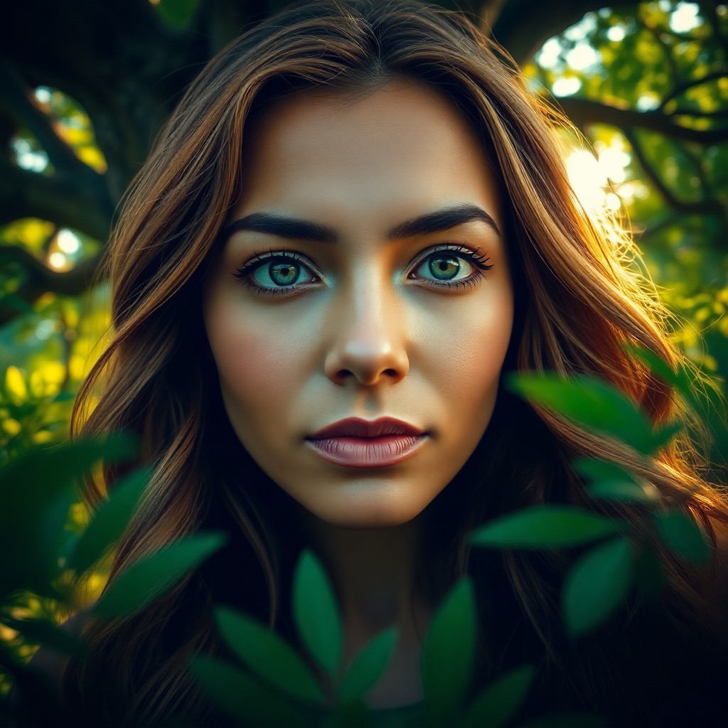 AI generated art for prompt: Create a hyperrealistic portrait of a Pacific Islander woman with piercing emerald eyes. Her wheat-c