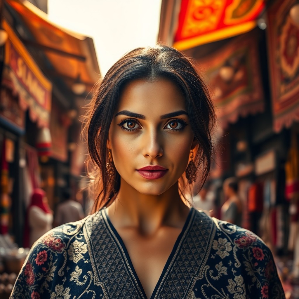 AI generated art for prompt: A portrait photograph captures the enigmatic gaze of a Middle Eastern woman with almond-shaped brown