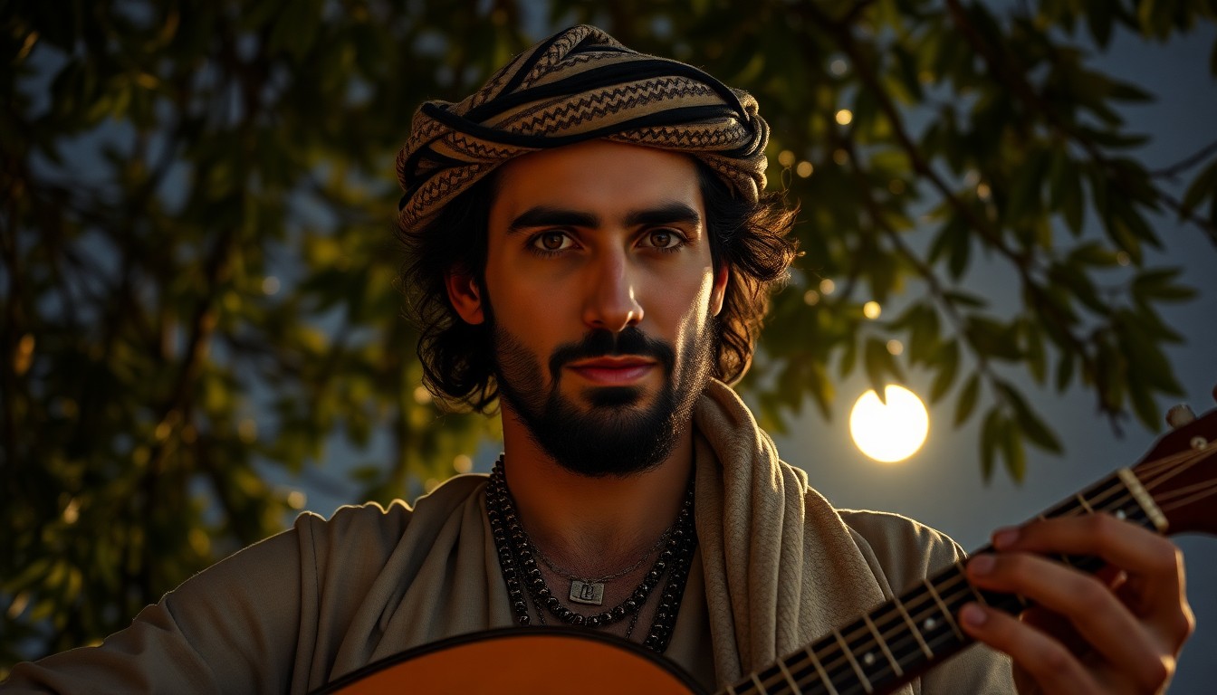 AI generated art for prompt: A portrait photograph captures the enigmatic gaze of a charismatic Middle Eastern musician with pier