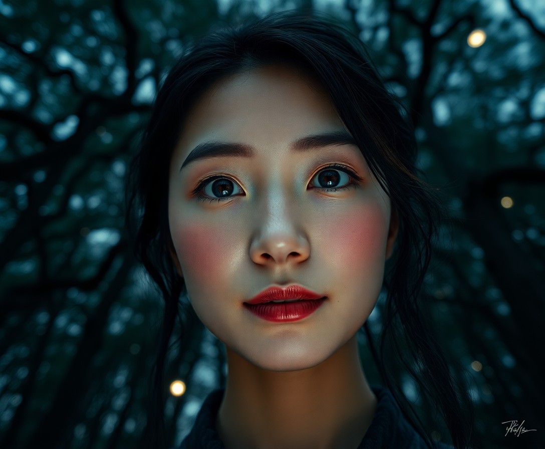 AI generated art for prompt: A portrait photograph captures the serene gaze of an East Asian woman with icy blue eyes and delicat