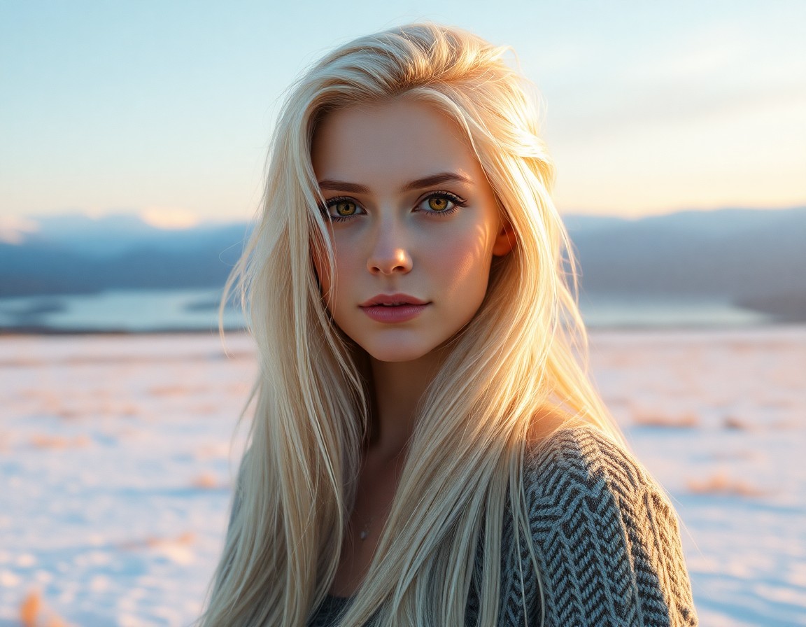 AI generated art for prompt: Create a superrealistic portrait of a serene Nordic woman with striking amber eyes and long, flowing