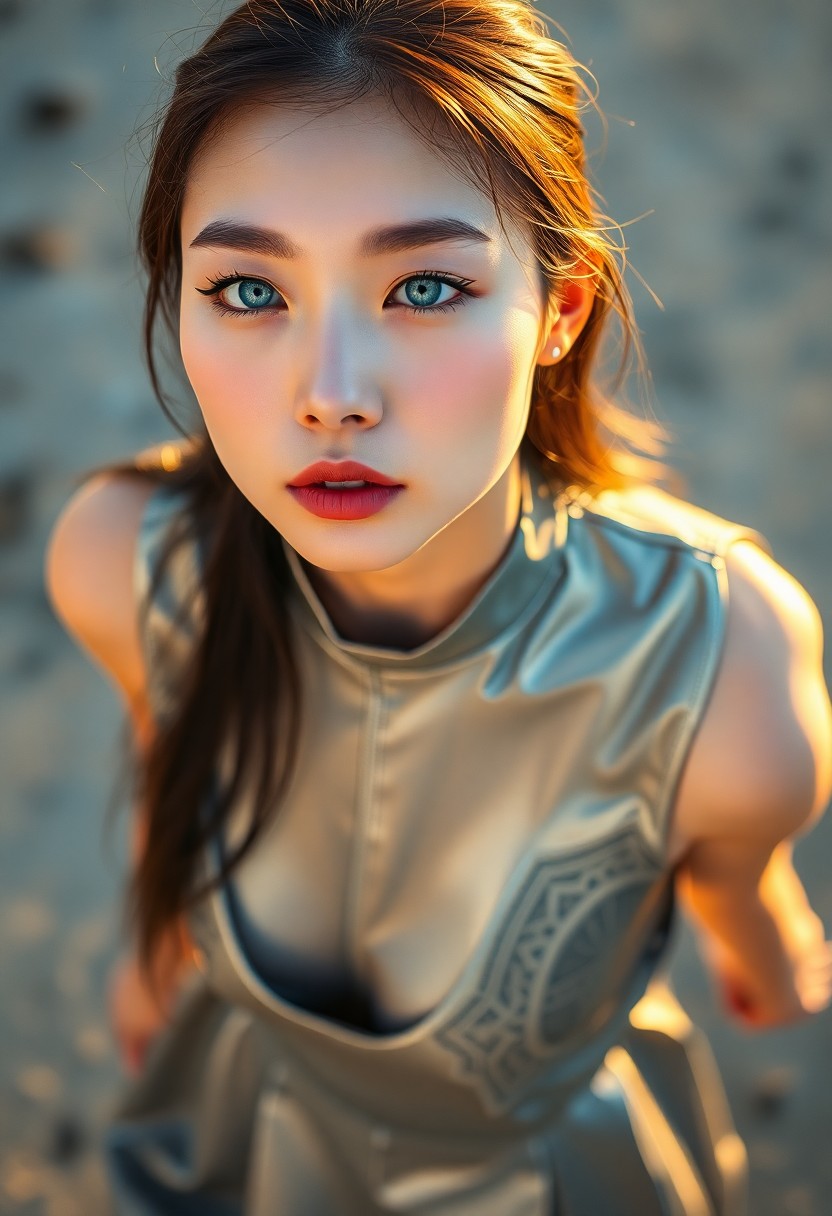 AI generated art for prompt: A portrait photograph captures an East Asian woman with piercing blue eyes and delicate features, co