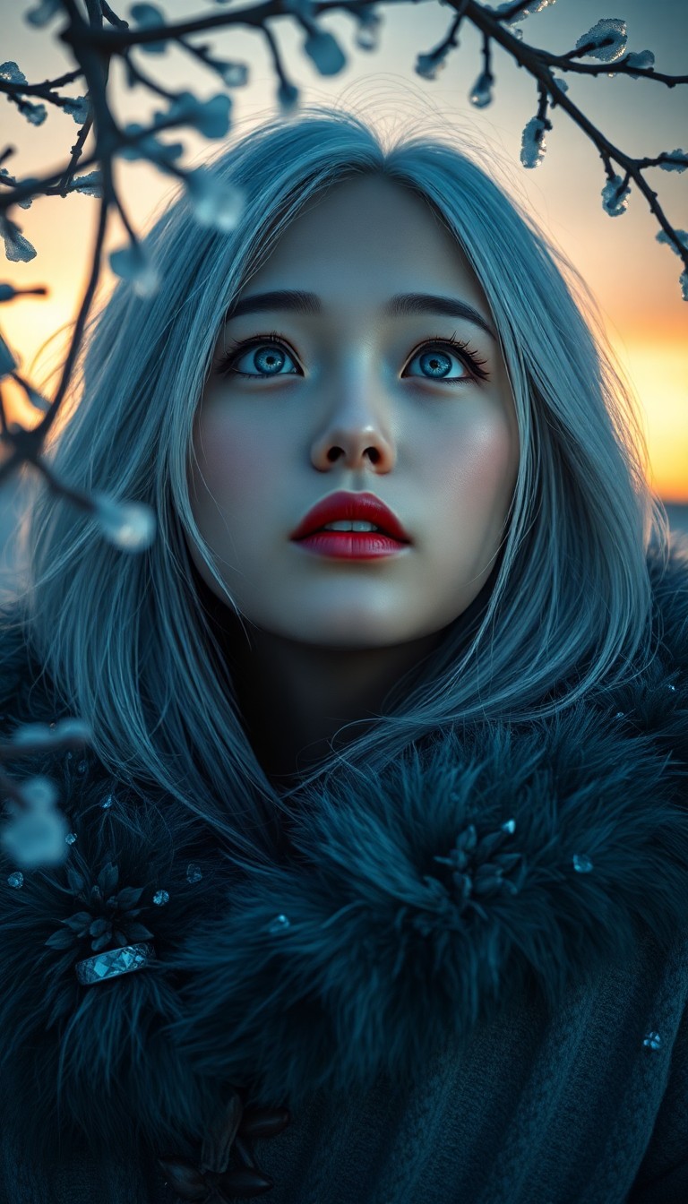 AI generated art for prompt: Create an enigmatic portrait of an East Asian woman with striking ice-blue eyes and shoulder-length 