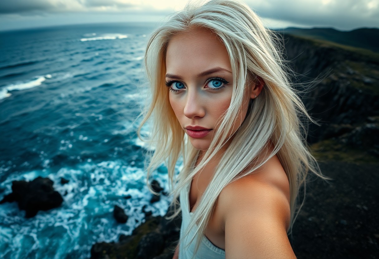 AI generated art for prompt: Create a portrait photograph of a captivating Pacific Islander woman with striking blue eyes and lon