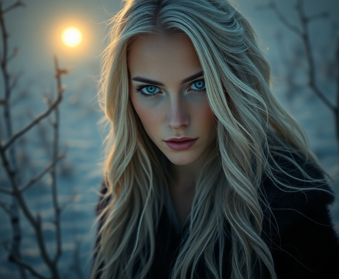 AI generated art for prompt: A photorealistic portrait captures an enigmatic Nordic woman with piercing blue eyes and long, plati