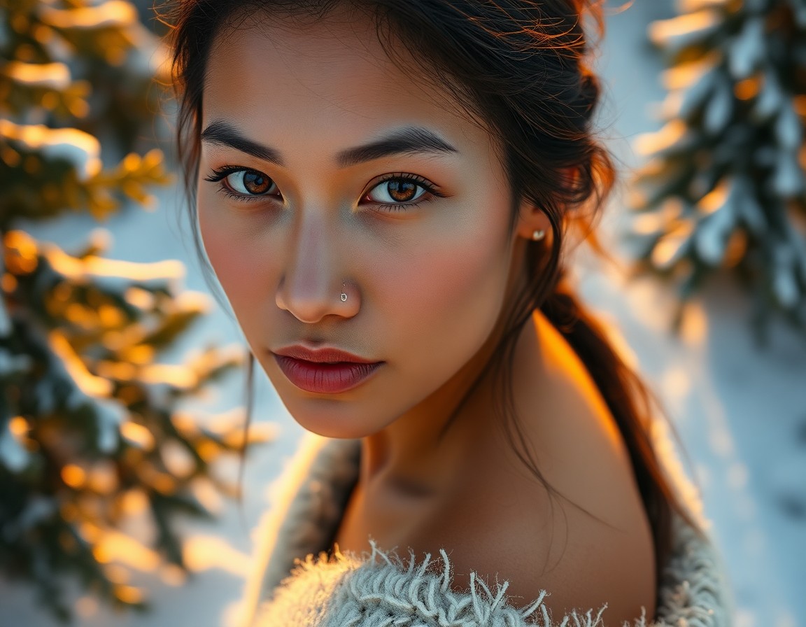 AI generated art for prompt: Create a hyperrealistic portrait of a serene Pacific Islander woman with striking amber eyes and del